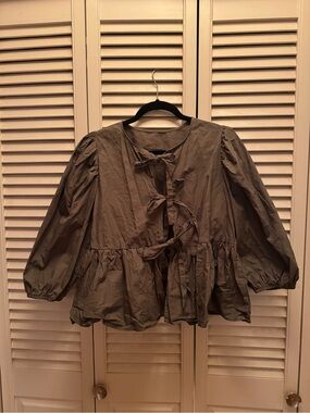 Tie-Front Peplum Blouse in Olive Green